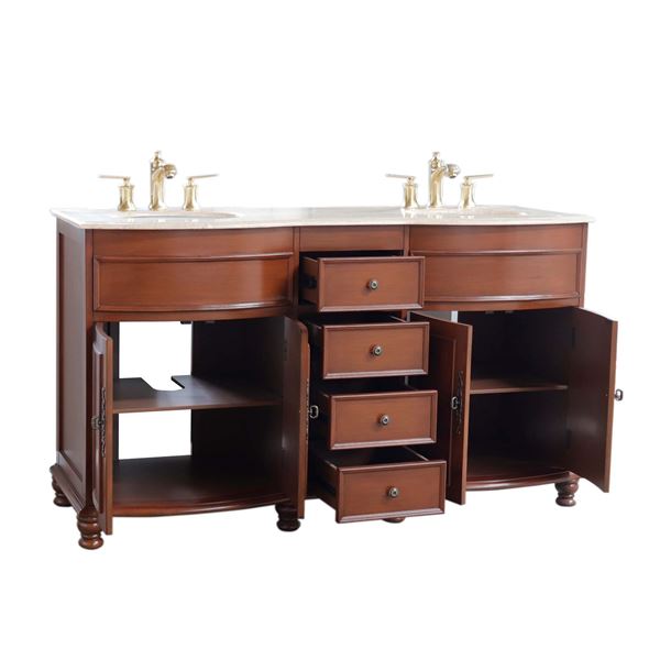 63 in Double sink vanity Walnut finish in Travertine top