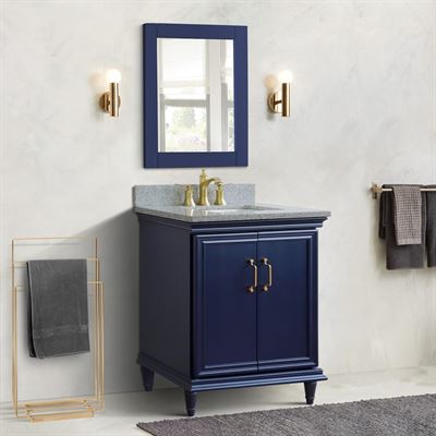 31" Single vanity in Blue finish with Gray granite and rectangle sink