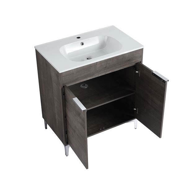 30 in. Single Vanity in Gray Oak finish with Solid Surface Resin White Sink