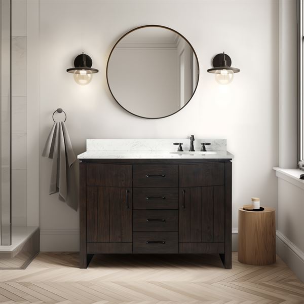 48 in. Single Sink Vanity Natural Fir Wood Veneer, Dark Walnut Finish, Cararra Engineered Stone Top