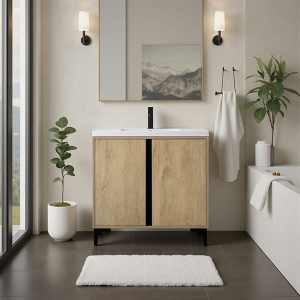 36 in. Single Vanity in Natural Oak finish with Solid Surface Resin White Sink