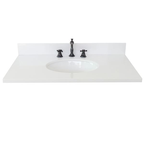 37 in. White Quartz Top with Single White Ceramic Oval Sink