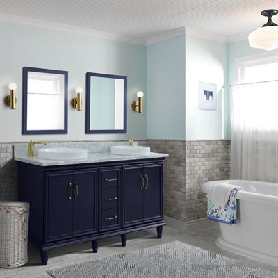 61" Double sink vanity in Blue finish and White carrara marble and round sink