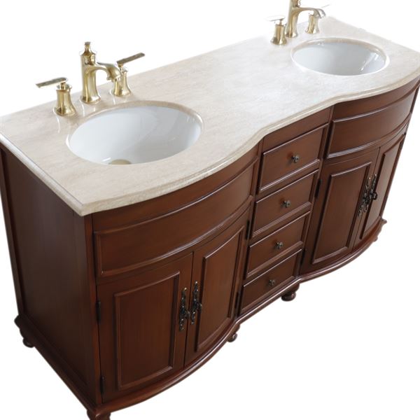 63 in Double sink vanity Walnut finish in Travertine top