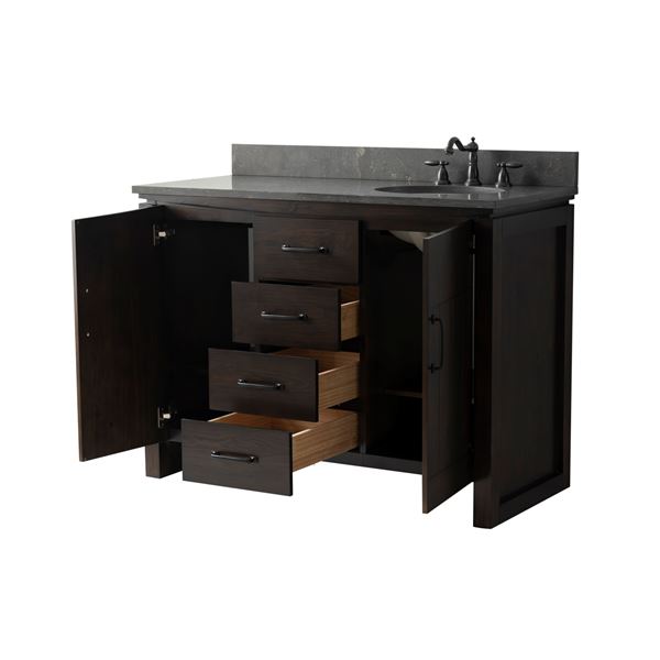 48 in. Single Sink Vanity Natural Fir Wood Veneer, Dark Walnut Finish, Blue Limestone Top