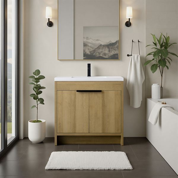 36 in. Single Vanity in Natural Oak finish with Solid Surface Resin White Sink