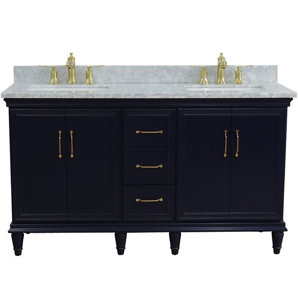 61" Double sink vanity in Blue finish and White carrara marble and rectangle sink