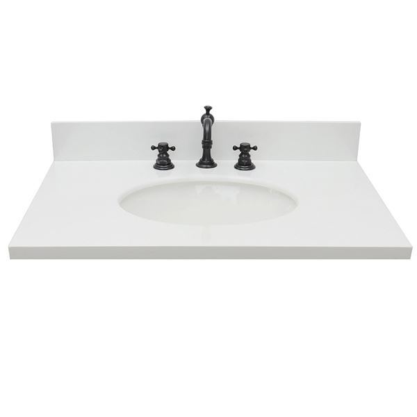 31 in. White Quartz Top with Single White Ceramic Oval Sink