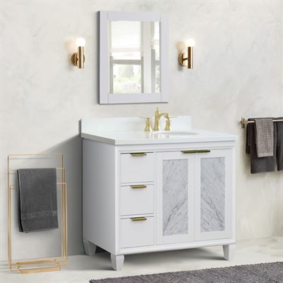 43" Single Vanity in White Finish With White Quartz and Oval Sink- Right Door/Right Sink