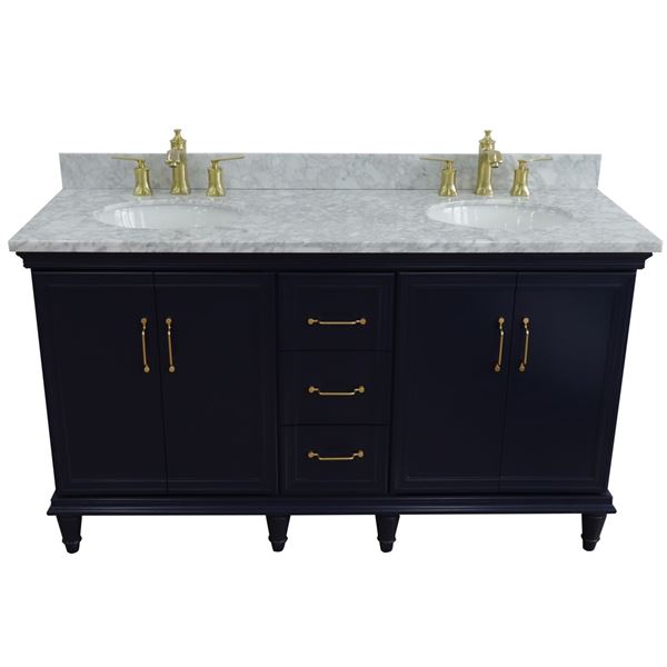 61" Double sink vanity in Blue finish and White carrara marble and oval sink
