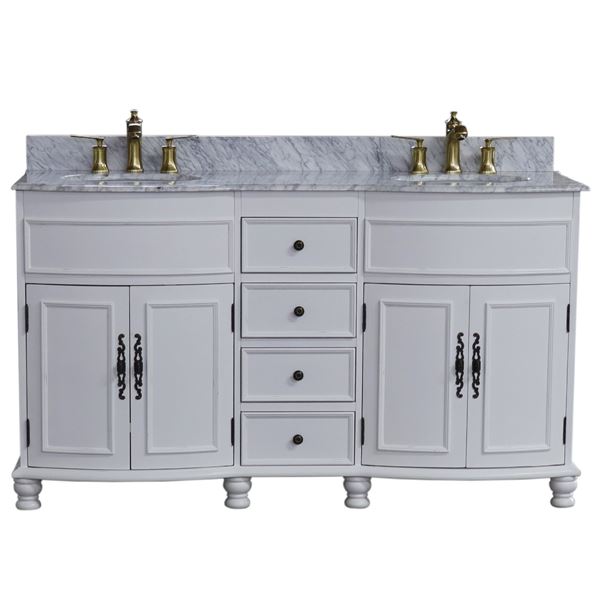 62 in Double sink vanity Antique White finish in White Marble top