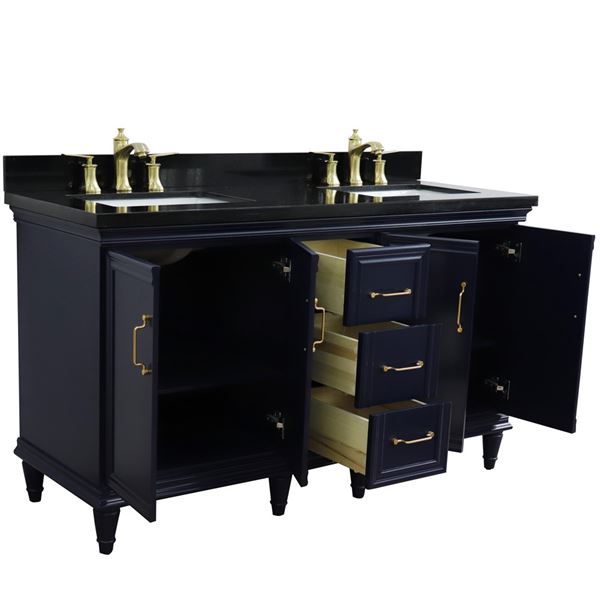 61" Double sink vanity in Blue finish and Black galaxy granite and rectangle sink