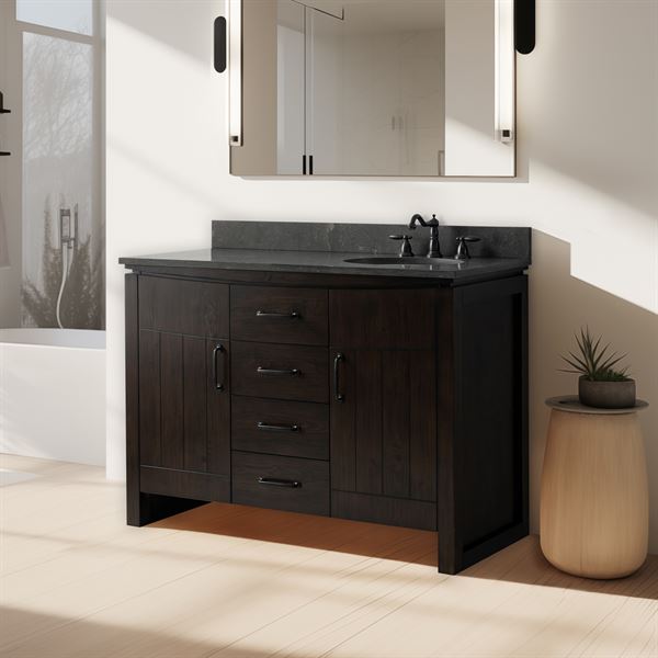 48 in. Single Sink Vanity Natural Fir Wood Veneer, Dark Walnut Finish, Blue Limestone Top