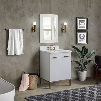 25" Single Sink Vanity in White Finish With White Quartz and Rectangle Sink