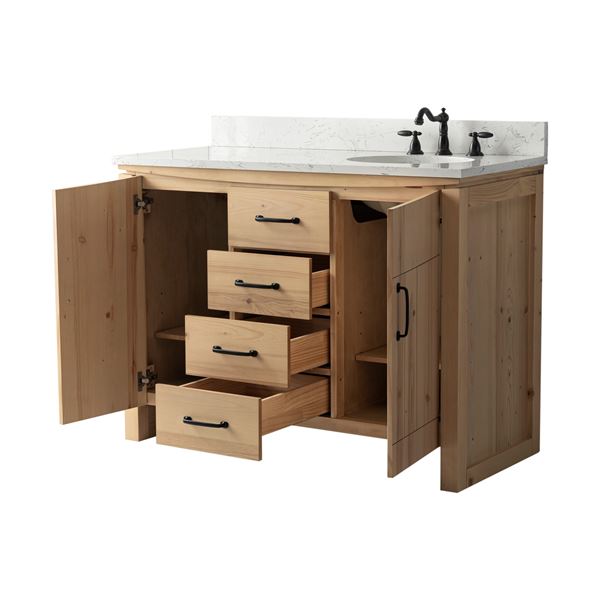 48 in. Single Sink Vanity Natural Fir Wood Veneer, Natural Finish, Cararra Engineered Stone Top