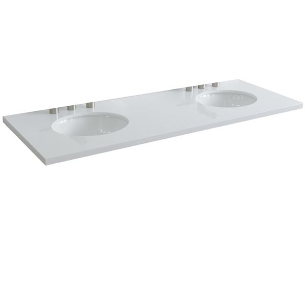 61 in. White Quartz Top with Double White Ceramic Oval Sinks