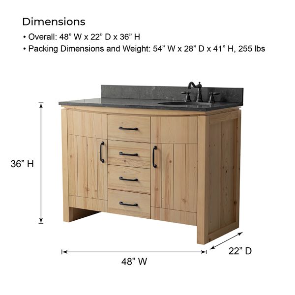 48 in. Single Sink Vanity Natural Fir Wood Veneer, Natural Finish, Blue Limestone Top