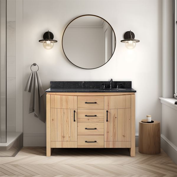 48 in. Single Sink Vanity Natural Fir Wood Veneer, Natural Finish, Blue Limestone Top