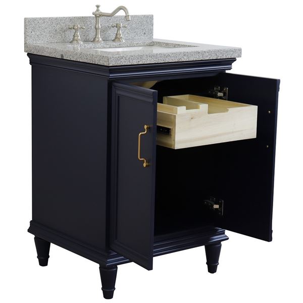 25" Single vanity in Blue finish with Gray granite and rectangle sink