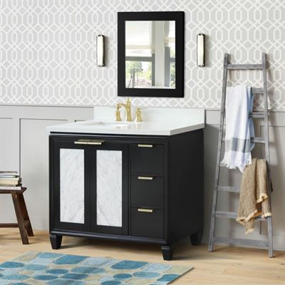 43" Single Vanity in Black Finish With White Quartz and Rectangle Sink- Left Door/Left Sink