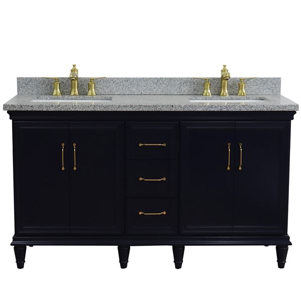 61" Double sink vanity in Blue finish and Gray granite and rectangle sink