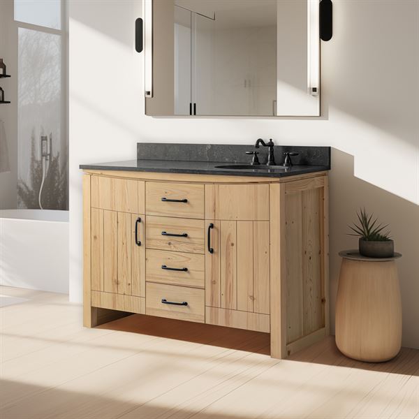 48 in. Single Sink Vanity Natural Fir Wood Veneer, Natural Finish, Blue Limestone Top