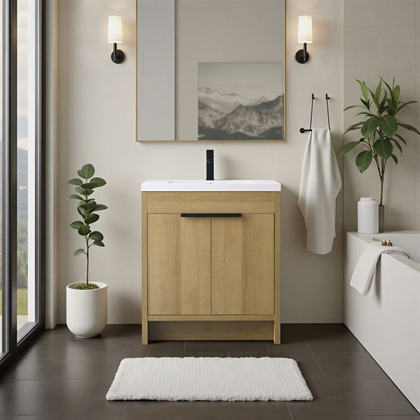 30 in. Single Vanity in Natural Oak finish with Solid Surface Resin White Sink