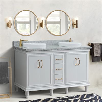 61" Double sink vanity in White finish and Gray granite and round sink